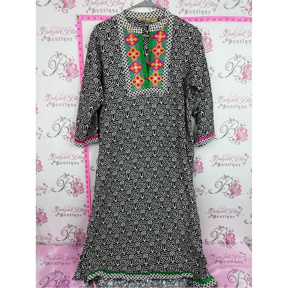S.R FASHION Embroidered Black & White Geometric Midi Dress with Colorful Yoke